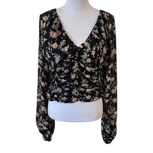 Free People Final Rose Long Sleeve Ruched Blouse Black Size Large